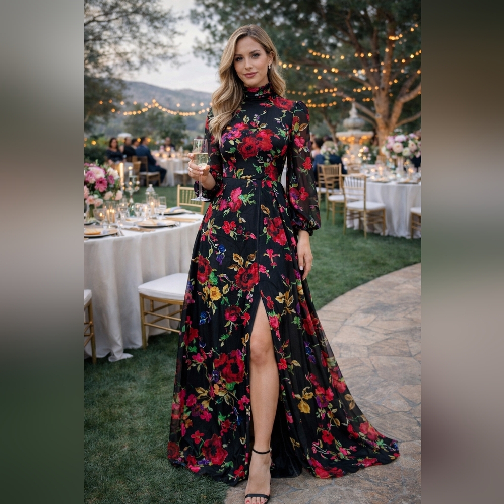 Lulus NWT Black Floral Maxi Dress Romantic High Neck Long Sleeve Slit